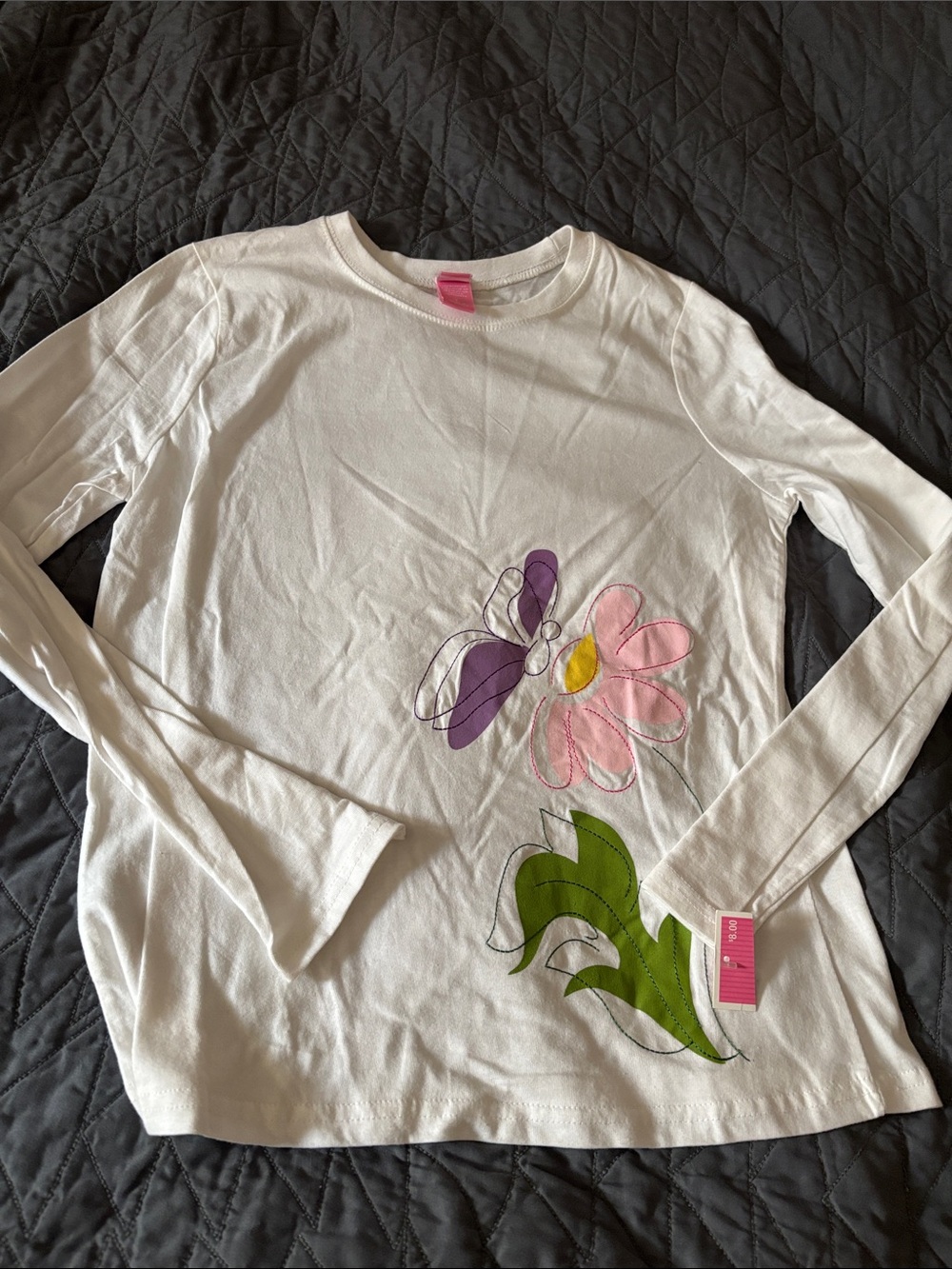 NWT Kids White Long Sleeve Tee with Pink Flower & butterfly embroidered Graphic